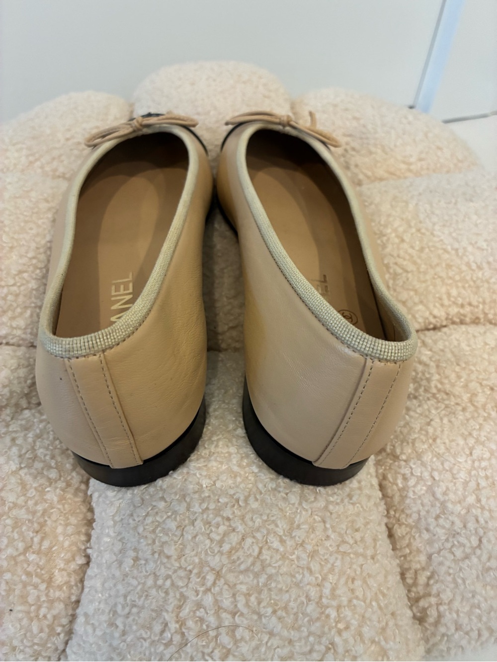 CHANEL Beige Leather Ballet Flats with Black Cap Toe - Picture 2 of 7